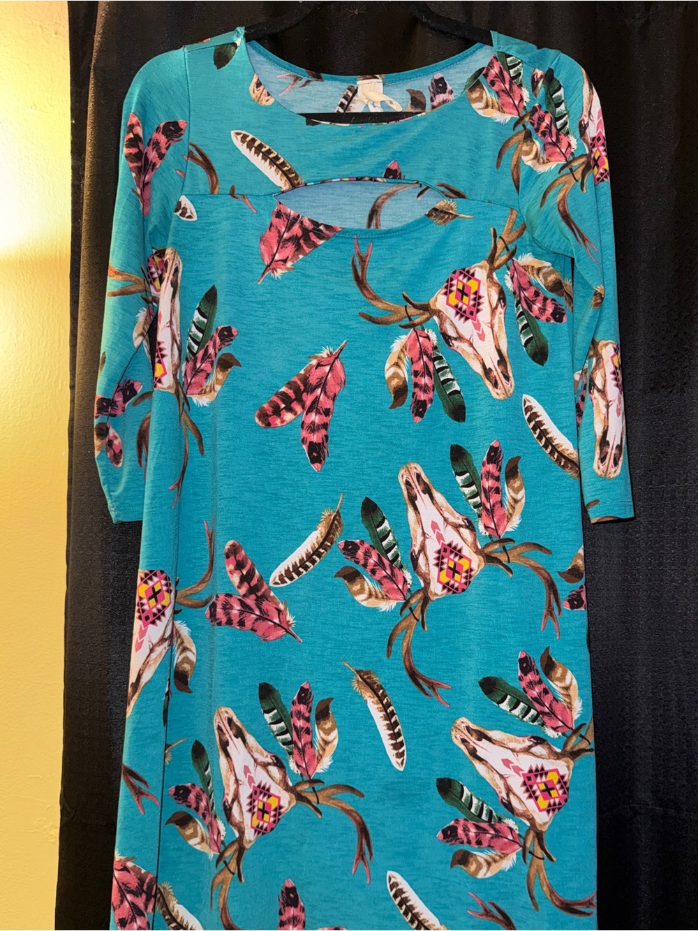 AND Teal Feather & Skull Print Cutout Neck Tunic
